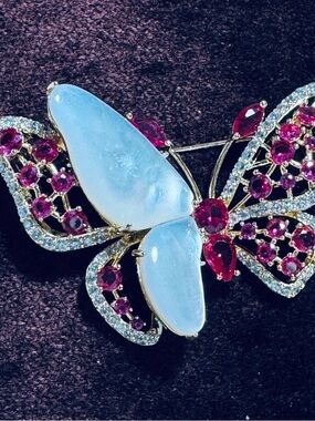 Butterfly Statement Brooch in Light Blue and Fuchsia
